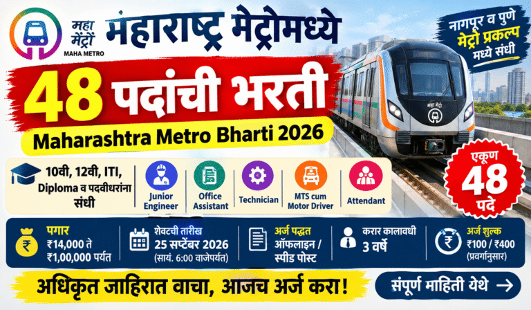 Maharashtra Metro Bharti 2026 : महाराष्ट्र मेट्रोमध्ये 48 पदांची भरती; 10वी, 12वी, ITI, Diploma व पदवीधरांना संधी