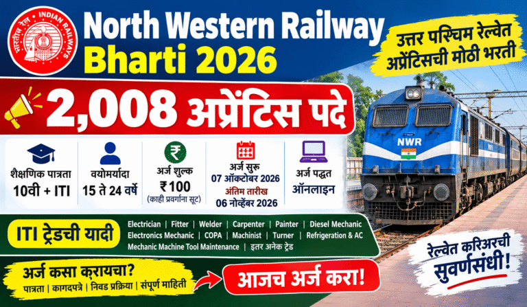 North Western Railway Bharti 2026 : उत्तर पश्चिम रेल्वेत अप्रेंटिसच्या 2008 जागांसाठी भरती